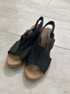 Clark’s Black Perforated Open-Toe Slingback Wedges